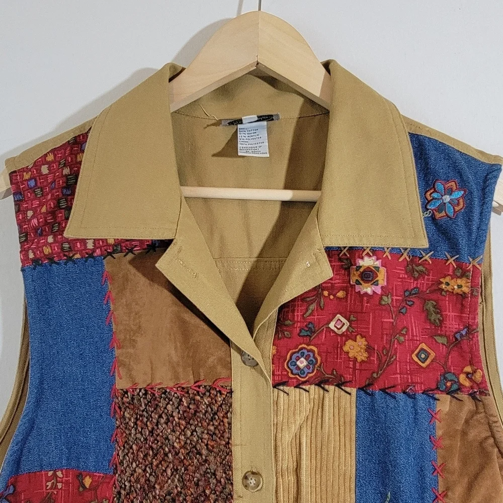 VTG 80's Stonebridge Patchwork Multicolored Vest Jacket XL Cott9n Artsy Boho - Picture 3 of 10